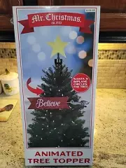 Mr Christmas Star Tree Topper Santa’s Biplane Circles the Tree Believe Banner