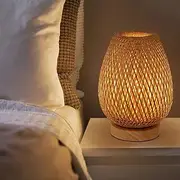 Handmade Bamboo Woven Table Lamp, 3 Color and Stepless Dimmable Small Beside Lamp, Vintage Wooden Base Nightstand Lamp, Decorative Reading Light for Bedroom, Living Room, Kids Room.
