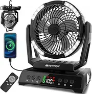 ayamaya Camping Fan with Light, 40000mAh Rechargeable Tent Fan with Remote, 9 Speeds Battery Powered Fans with Digital Display, Timer, Auto Oscillation & Hook for Camping, Outdoor Tents, Hurricane