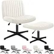 ALFORDSON Armless Criss-Cross Desk Chair with Ottoman Stool, Ergonomic Cross Leg Office Chair with Channel-Tufted Mid-Back Design, Tilt & Height Adjust and Swivel, 180kg Max, Xavi Boucle White