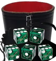 Flamingo Casino Dice Green Polished w/Pouch + Genuine Leather Cup Wide Opening