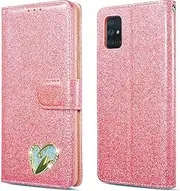 QLTYPRI Case for Samsung Galaxy A51, Wallet Case Premium Glitter PU Leather TPU Bumper Card Holder [Wrist Strap] Inlaid Loving Heart Diamond Flip Cover for Samsung Galaxy A51 - Pink