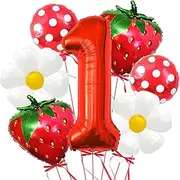 Corabsar Strawberry Balloons Berry First Birthday Decor, 40 Inch Red Mylar Balloons, Strawberry 1st Birthday Balloons for Girls, 7pcs