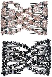 Lovef 2Pcs Glass Bead Magic Hair Comb Elastic Double Insert Clips Chic Stretch Hair Head Comb