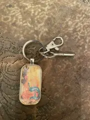 1950s Mod Mermaid Oblong Silver Key chain, Swivel Clip & Vintage Key