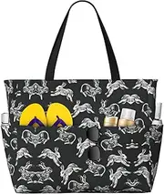 [Ghjkfbf] Bunny Rabbit Print Large Capacity Beach Travel Bag For Family, Beach Tote Bag For Women With Zipper Pockets, Black, One Size