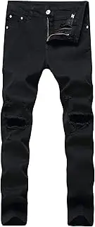[Zylphorix] Men Stretch Ripped Button Pencil Jeans Distressed Zipper Denim Pants with Holes Y2K Mid Waist Retro Skinny Trousers, Black, 34