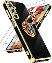 LeYi for Samsung Galaxy A16 5G Case: with 2 Pack Tempered Glass Screen Protector and 360° Rotatable Ring Holder Magnetic Kickstand, Plating Rose Gold Edge for Galaxy A16 5G Case, Black