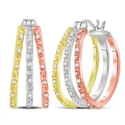 14kt Tri-Tone Gold Round Diamond Triple Hoop Earrings 1/5 Cttw