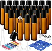 ComSaf 10 ml Essential Oils Roller Glass Bottles, Set of 24 Anti-UV Small Refillable Containers with Stainless Steel Roller Ball, Funnel, Opener, Labels, Pipettes, for Aromatherapy Mixtures