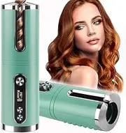 Cordless Hair Curler, Automatic Curling Iron Portable Rechargeable Rotating Ceramic Curling Wand with LCD Display Adjustable Temperature & Timer Fast Heating, Curling Iron for Wave Styling, Green