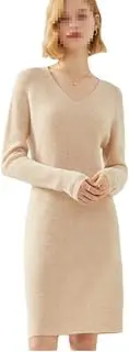 [Kiioouu] Women Mid-Length Cashmere Dress Knit Pullover Women Sweater Wool V-Neck Warm Long Skirt