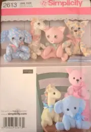 Simplicity 2613 2 Pattern Piece Stuffed Animals Sewing Pattern Uncut