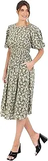 [Lovedrobe] Women's Midi Round Neck Short Puff Sleeves Crossover Elasticated Waist Leaf Print Textured A-line Casual Dress