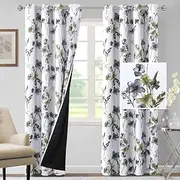 Smarcute 100% Blackout Curtains 213cm Drop 2 Panels Set Cattleya Floral Printed Blockout Light Leah Floral Thermal Curtains for Bedroom with Black Liner Sound Proof Curtains, Grey and Olive