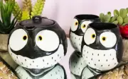 Whimsical Black Fat Spotted Owl Ceramic 16oz Tea Pot With 2 Cups Set Owls Decor