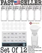 Set Of 12 Premium Spice Jar Square Glass 4oz Bottles With Shaker Tops & Labels