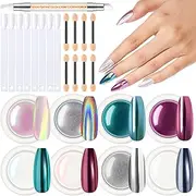 Modelones Chrome Powder for Nails 8pcs, Magic White Pearl Chrome Nail Powder Kit Mirror Effect Chrome Powder Holographic Nail Powder Pigment Glitter Nail Powder Nailr Art Decoration