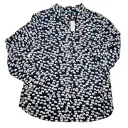 Talbots Women's Medium Blouse Navy White Elephant Long Sleeve Button Up Shirt