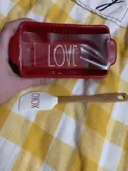 New RAE DUNN Red LOVE White Lettering Ceramic Mini LOAF PAN With Spatula