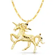 14K Yellow Gold Unicorn Charm Pendant with 2.3mm Figaro 3+1 Chain Necklace