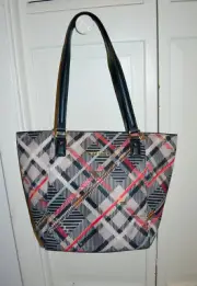 NWT $168 VERA BRADLEY Sml ELLA TOTE Sophia Plaid Taupe Orange Black Leather Trim