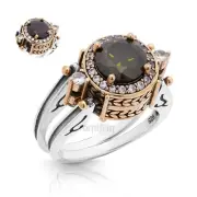 Turkish Reversible Round Peridot and Black Topaz 925 Sterling Silver Ring