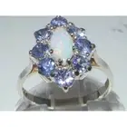 Solid 18k White Gold Natural Opal & Tanzanite Womens Cluster Ring