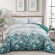DJY Grey Comforter Set King, 3 Piece Blue Botanical Leaves Comforters with 2 Pillow Shams King Sizes Reversible Floral Comforter Sets Soft Microfiber Bedding Set for All Season (104"x90")