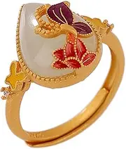 [Generic] Cloisonn茅 Lotus S925 Sterling Silver Adjustable Jade Ring, Sterling Silver Gemstone RingWomen