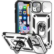 For iPhone 14 Case PC+TPU Rotary Ring Kickstand Phone Cover with Slide Camera Guard
