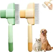 ﻿Pet Hair Removal Comb, Pet Flea Comb Grooming Brush, Cat Brushes for Indoor Cats with Release Button, Portable Cat Brush Combs, Deshedding Brush for Pet (2Pcs(Green+Yellow))