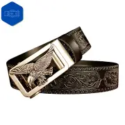 GENUINE LEATHER Vintage Embossed Mens Black Belt Automatic Silver Eagle Buckle