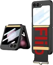 Ultra-Thin Phone case for Samsung Galaxy Z Flip 5 with Adjustable Wristband, Full Coverage Folding Cover for Flip5, Anti-Drop Hard Shell with Protective Film (Black)