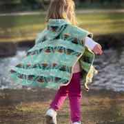 TURQUOISE HOODED KIDS PONCHO UNISEX AZTEC PATTERN LLAMA WOOL HANDMADE COZY