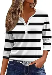 [Valtorixia] 3/4 Length Sleeve Women Henley V Neck Tops Casual Length Button Down Shirt Floral Print Blouses Plus Size Trendy Comfy Tees (color-b-15,Medium)