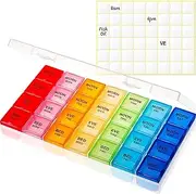 Pill Organiser with Label, Pill Box 7 Day/, Travel Pill Cases Organizers Arthritis Friendly, Weekly Pill Organiser AM/PM Pill Box Organiser, Easy Open And Removable 4 Times a Day Large Pill Holder for Vitamin/Fish Oil/Cod Liver Oil/Supplements/Medication