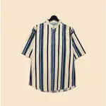 BACK TO GREEN- 亨利領條紋短袖襯衫 象牙底寶藍黑 VINTAGE SHIRT