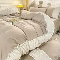 在飛比找樂天市場購物網優惠-韓國蕾絲純色水洗棉公主風格雙人床包四件組床單枕套床罩被套寢具