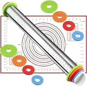 Emapoy Rolling Pin and Silicone Baking Pastry Mat Set, Stainless Steel Dough Roller, Rolling Pins with Adjustable Thickness Rings, for Baking, Cookies
