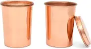 Samyuktha Handmade Pure Copper Plane Glass with Lid Copper Plane Design Tumbler Drinkware Serveware Capacity-300 ml Each (Set of 2)