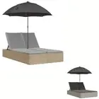 Double Sun Lounger with Cushions&Parasol Sunbed Day Bed Poly Rattan vidaXL