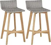 Acacia Wooden Bar Chairs for Outdoor, Patio, Garden or Deck - Rattan Chair Set of 2 for Lounge or Bistro Furniture