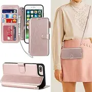 Cavor for iPhone 6plus 6S Plus/ 7 Plus 8 Plus Case Crossbody Wallet Flip Magnetic Kickstand Cover Cowhide PU Leather Purse Card Slots Holder Detachable Shoulder Necklace Strap-Long Lanyard Rose