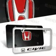 Red 3D HONDA CIVIC Front + Back Stainless Steel License Plate Frame Set w/ Caps (for: Honda Civic)