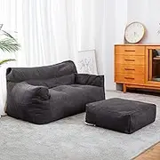 Lazy Sofas Cover Bean Bag Chair w/Footstool Lounger High Back Bean Bag Chair (No Filler) Lounger Seat Bean Bag Cover for Adults and Kids Bedroom Living Room Garden,Dark Gray