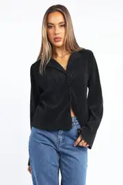 Black Plisse Shirt Long Sleeve Lapel Collar Button Up - Size 16XL, Women's Shirt