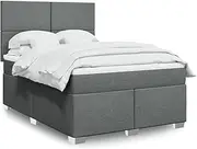 [vidaXL] Box Spring Bed/Double Bed with Mattress and Adjustable Headboard - Dark Grey Fabric Bedstead Set with USB LED Lights - Bedroom Furniture with Mattress Topper - 190x144x150.5 cm