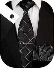 SIILLKEVIN Plaid Men's Tie Silk Necktie and Pocket Square Cufflink Tie Clip Set Checkered