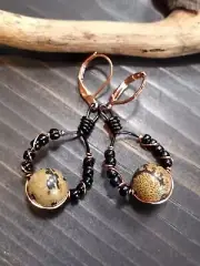 UNIQUE S/M BLACK WIRE HOOP/JASPER STONE/BLACK GLASS BEADS/COPPER WIRE EARRINGS